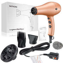 Load image into Gallery viewer, Negative Ions Ceramic Hair Dryer with Diffuser Attachment Ionic Blow Dryer Quick Drying,1875 Watt 2 Speed / 3 Heat Settings,Cool Shot Button,Lightweight,Champagne Gold