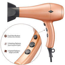 Load image into Gallery viewer, Negative Ions Ceramic Hair Dryer with Diffuser Attachment Ionic Blow Dryer Quick Drying,1875 Watt 2 Speed / 3 Heat Settings,Cool Shot Button,Lightweight,Champagne Gold
