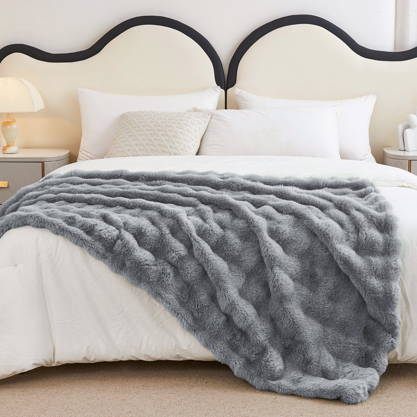 Faux Rabbit Fur Throw Blanket for Couch, Fluffy Warm Plush Thick Bubble Blanket for Bed Sofa Living Room, Soft Cozy Furry Blanket, 50x60 inches, Cream White