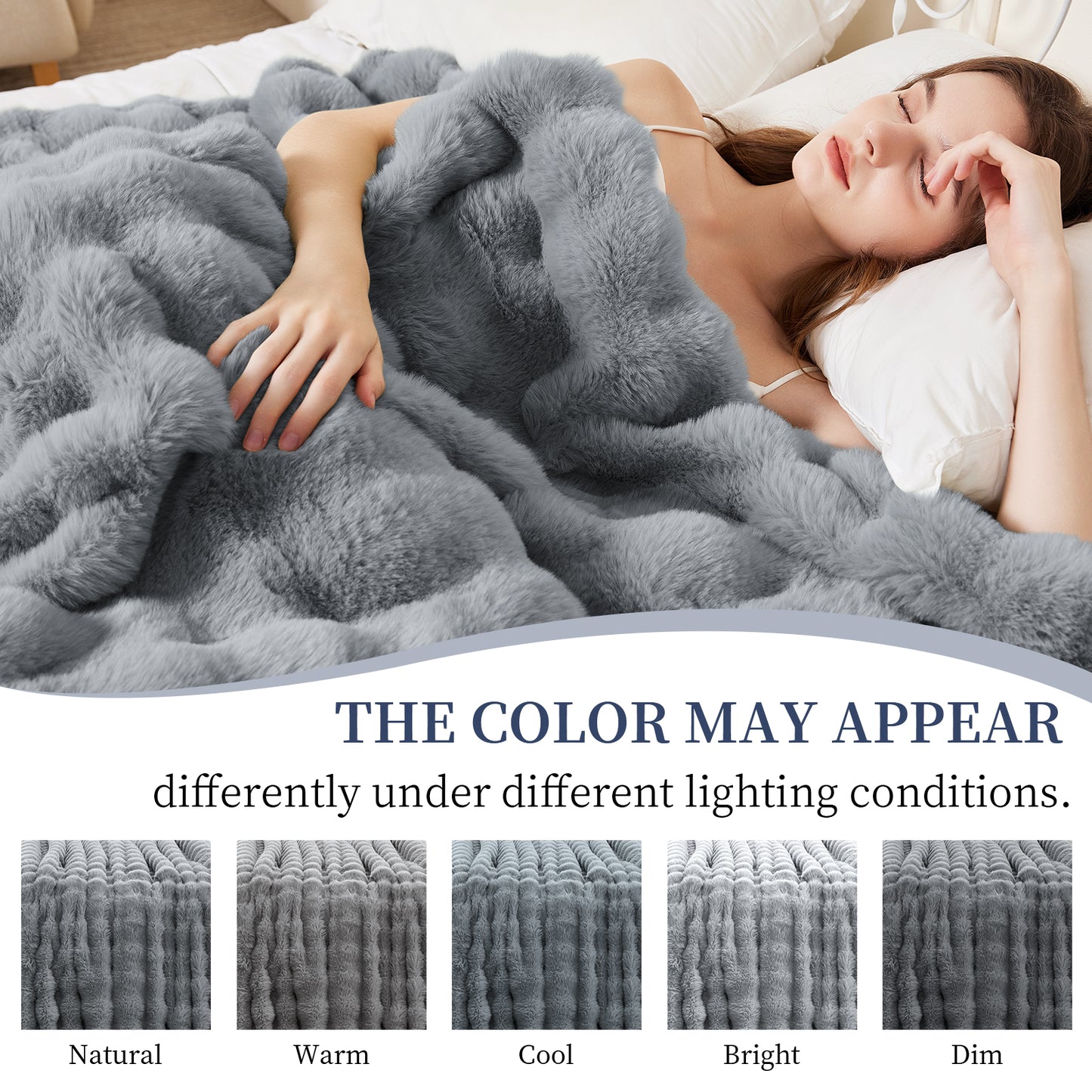 Faux Rabbit Fur Throw Blanket for Couch, Fluffy Warm Plush Thick Bubble Blanket for Bed Sofa Living Room, Soft Cozy Furry Blanket, 50x60 inches, Cream White