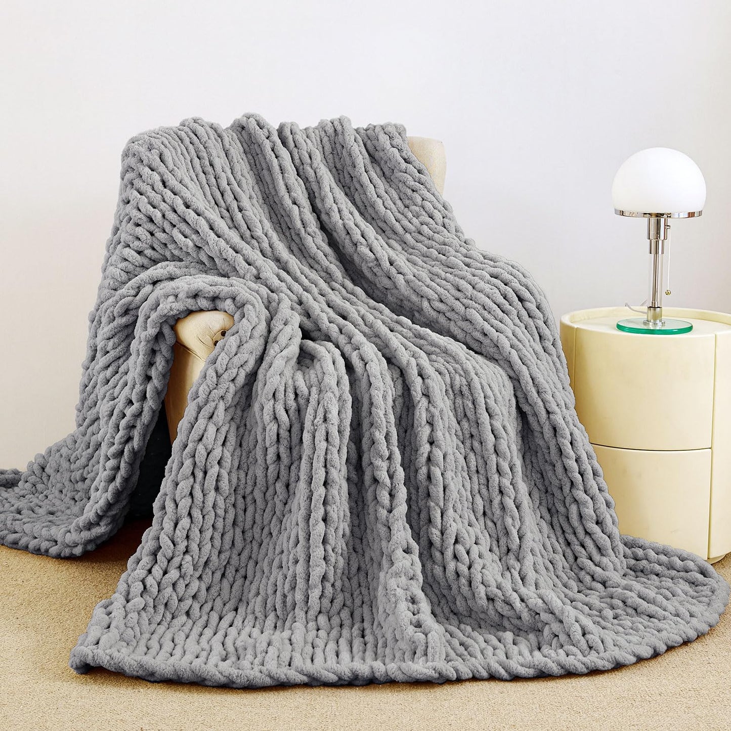 Chunky Knit Blanket Throw, 100% Hand Knit Chenille Throw Blanket for Sofa & Home Decor, Soft and Cozy Knitted Throw Blankets