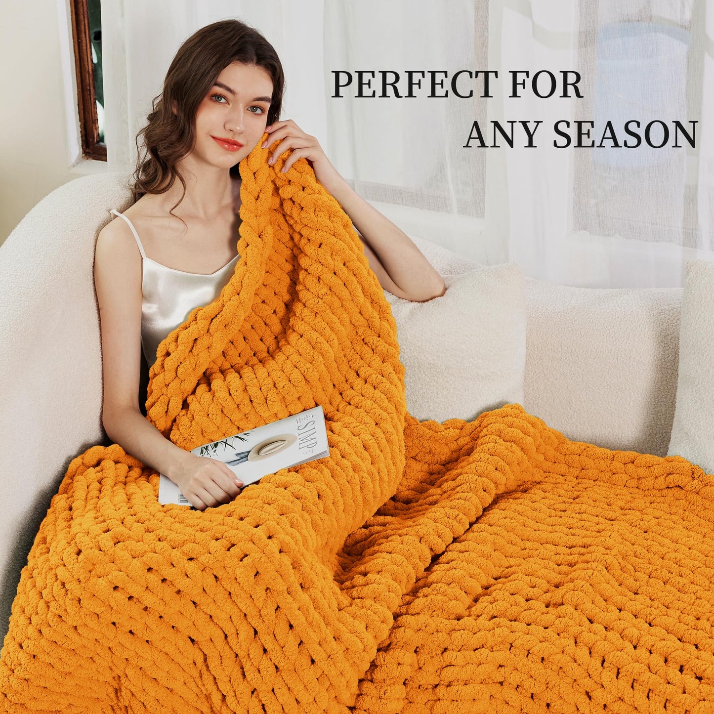 Chunky Knit Blanket Throw, 100% Hand Knit Chenille Throw Blanket for Sofa & Home Decor, Soft and Cozy Knitted Throw Blankets