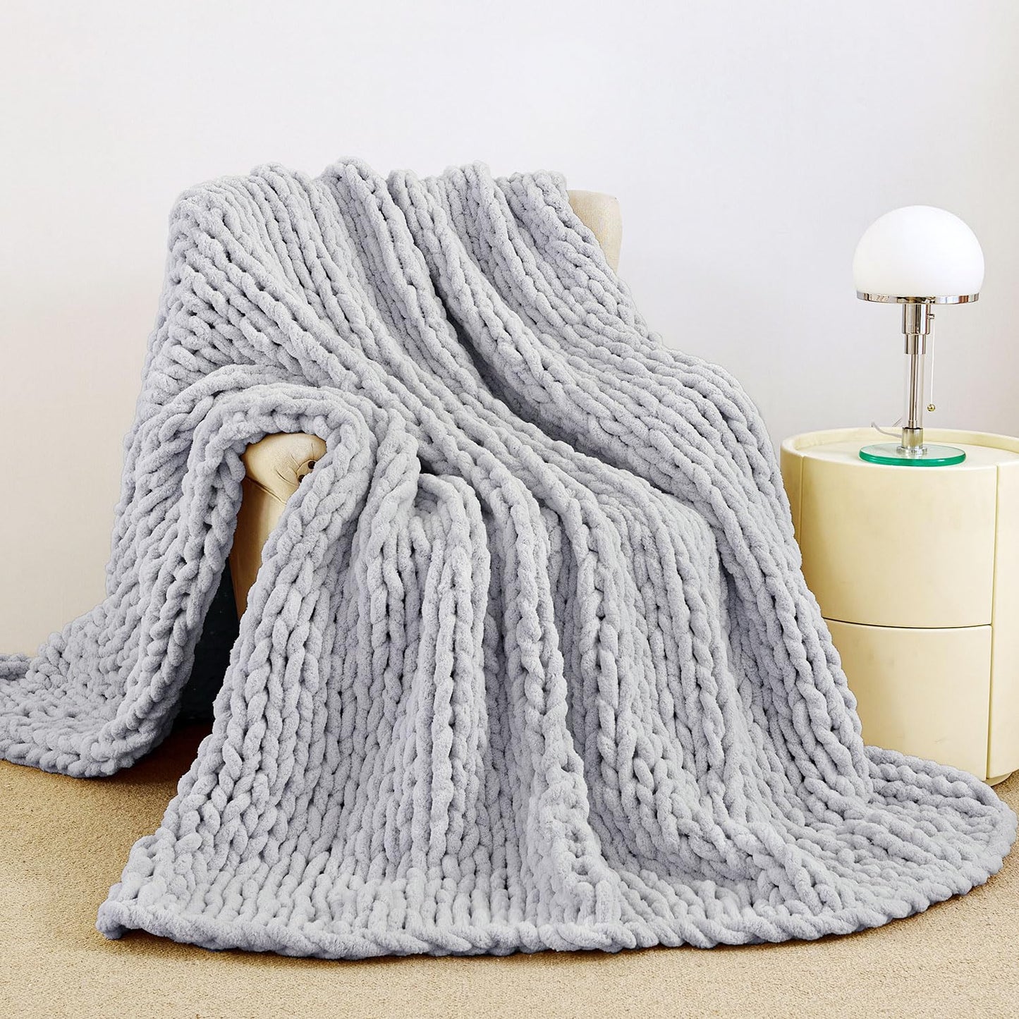 Chunky Knit Blanket Throw, 100% Hand Knit Chenille Throw Blanket for Sofa & Home Decor, Soft and Cozy Knitted Throw Blankets
