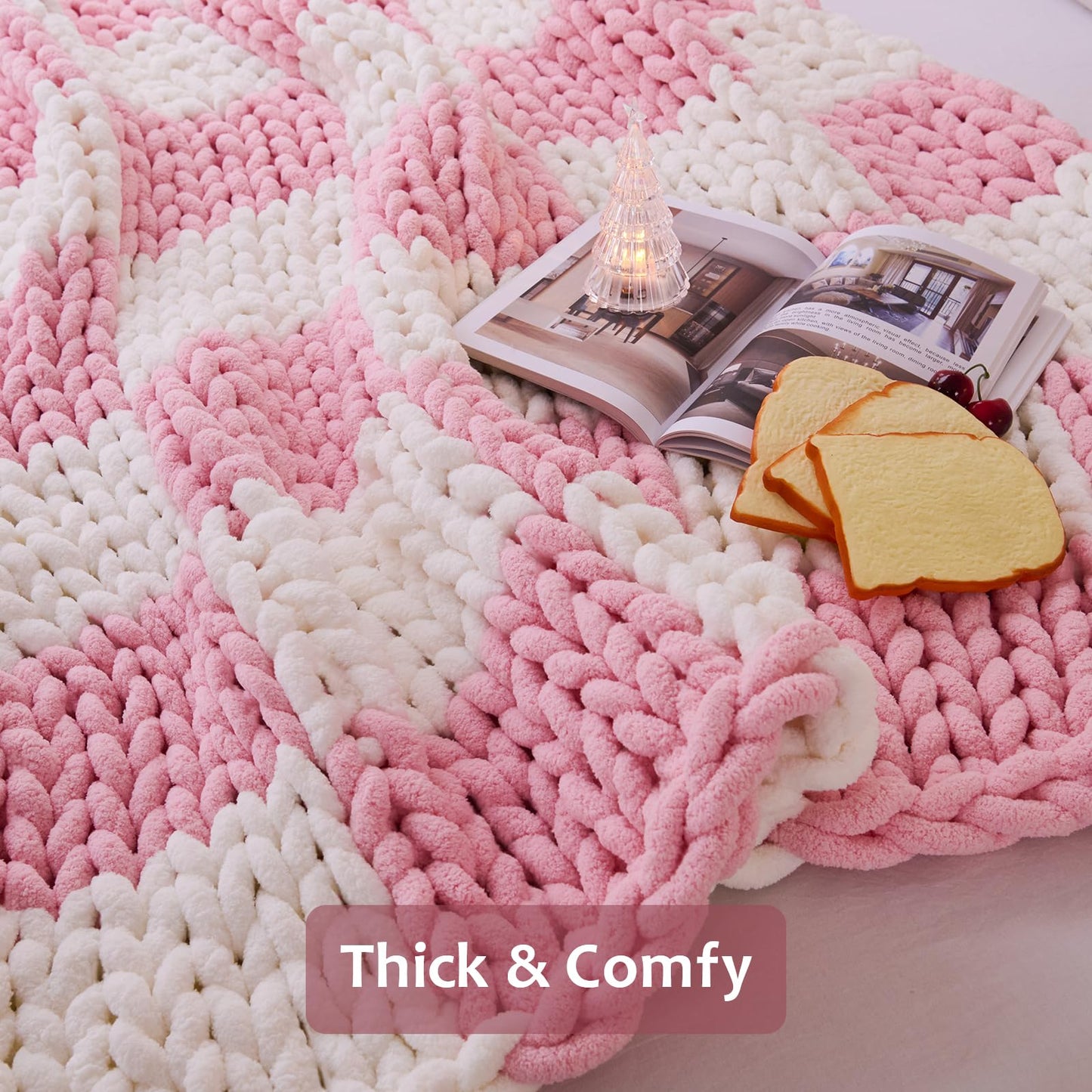 Chunky Knit Blanket Throw, 100% Hand Knit Chenille Throw Blanket for Sofa & Home Decor, Soft and Cozy Knitted Throw Blankets