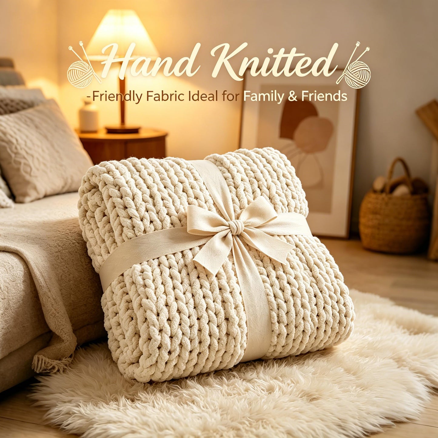 Chunky Knit Blanket Throw, 100% Hand Knit Chenille Throw Blanket for Sofa & Home Decor, Soft and Cozy Knitted Throw Blankets