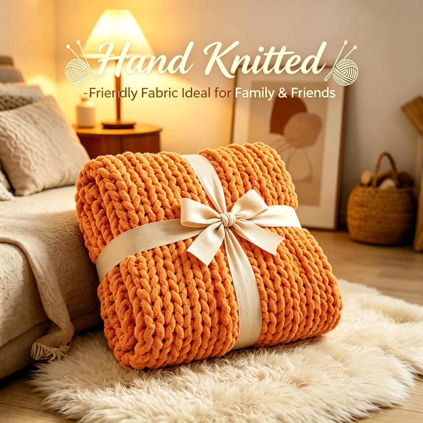Chunky Knit Blanket Throw, 100% Hand Knit Chenille Throw Blanket for Sofa & Home Decor, Soft and Cozy Knitted Throw Blankets