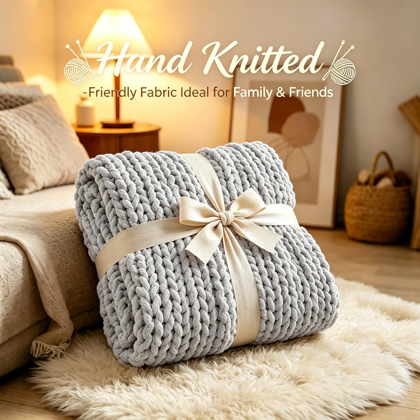 Chunky Knit Blanket Throw, 100% Hand Knit Chenille Throw Blanket for Sofa & Home Decor, Soft and Cozy Knitted Throw Blankets