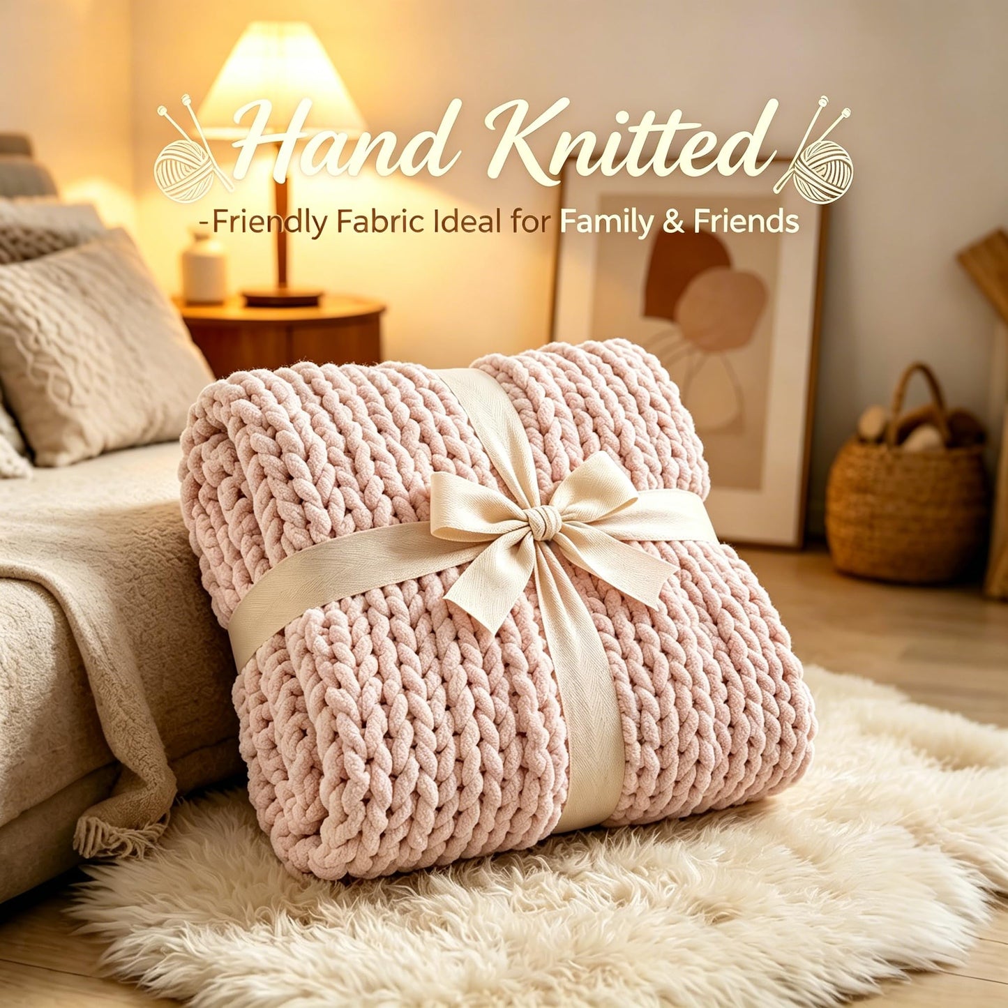 Chunky Knit Blanket Throw, 100% Hand Knit Chenille Throw Blanket for Sofa & Home Decor, Soft and Cozy Knitted Throw Blankets