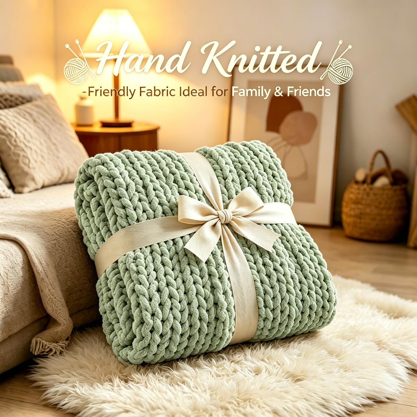 Chunky Knit Blanket Throw, 100% Hand Knit Chenille Throw Blanket for Sofa & Home Decor, Soft and Cozy Knitted Throw Blankets