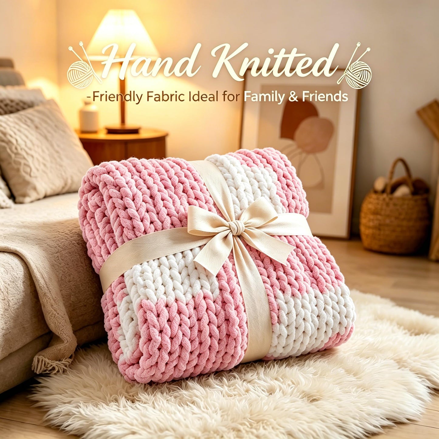Chunky Knit Blanket Throw, 100% Hand Knit Chenille Throw Blanket for Sofa & Home Decor, Soft and Cozy Knitted Throw Blankets