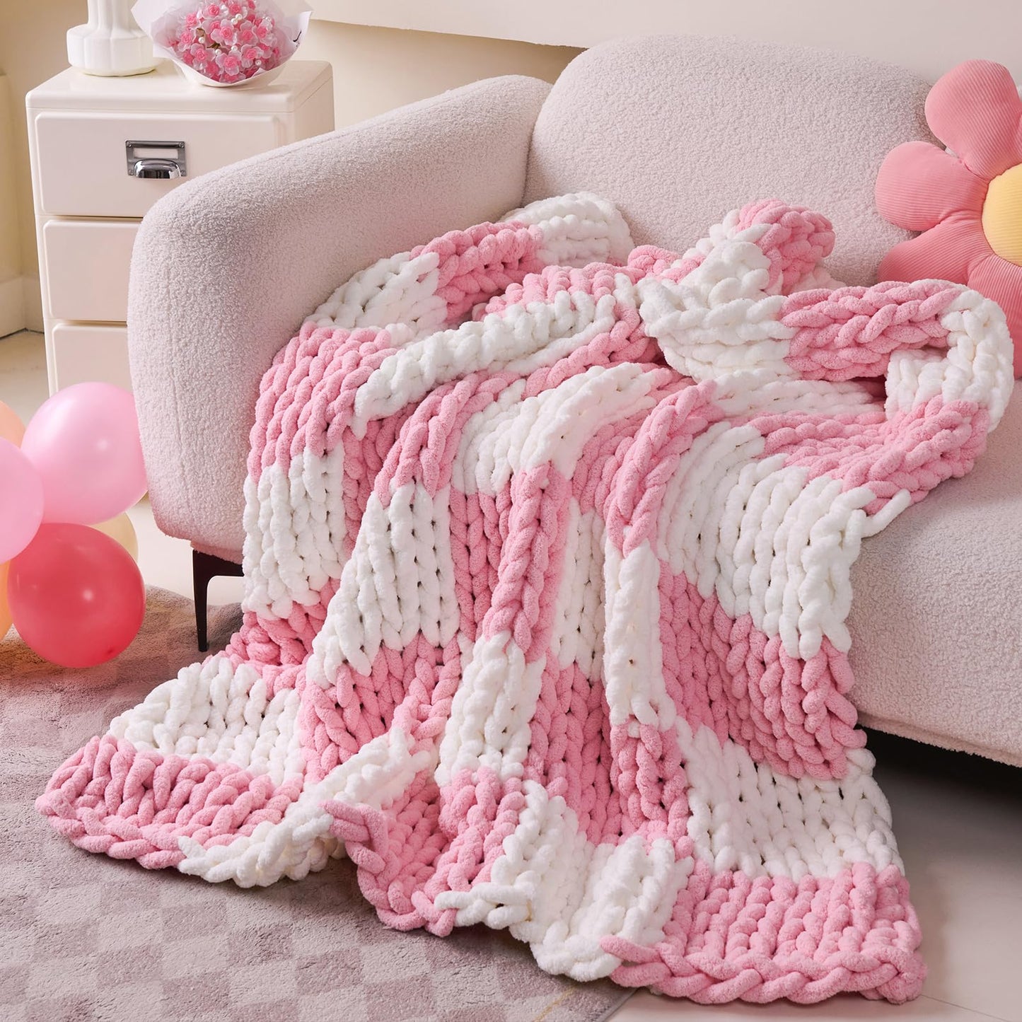 Chunky Knit Blanket Throw, 100% Hand Knit Chenille Throw Blanket for Sofa & Home Decor, Soft and Cozy Knitted Throw Blankets