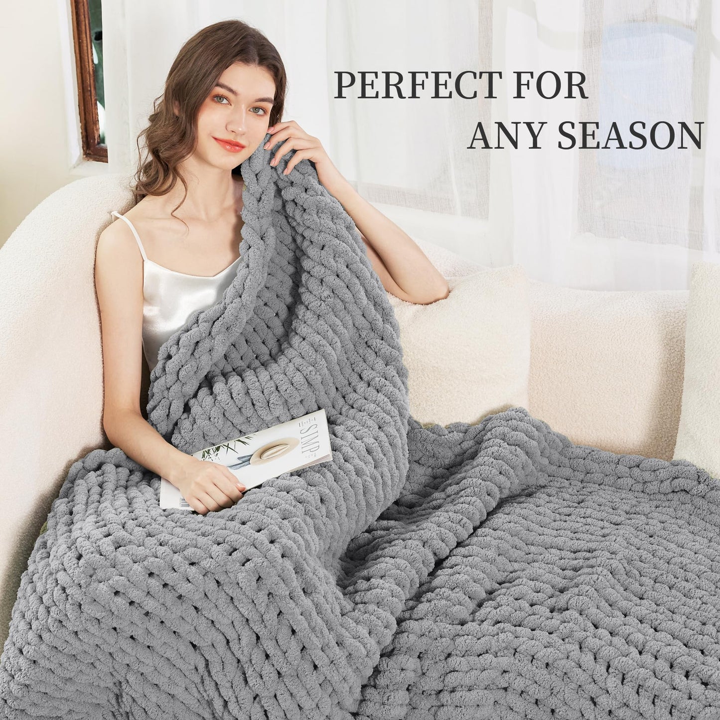 Chunky Knit Blanket Throw, 100% Hand Knit Chenille Throw Blanket for Sofa & Home Decor, Soft and Cozy Knitted Throw Blankets