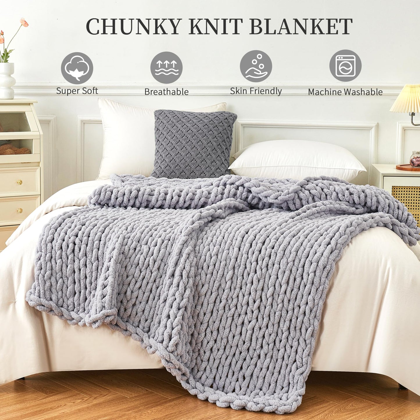 Chunky Knit Blanket Throw, 100% Hand Knit Chenille Throw Blanket for Sofa & Home Decor, Soft and Cozy Knitted Throw Blankets