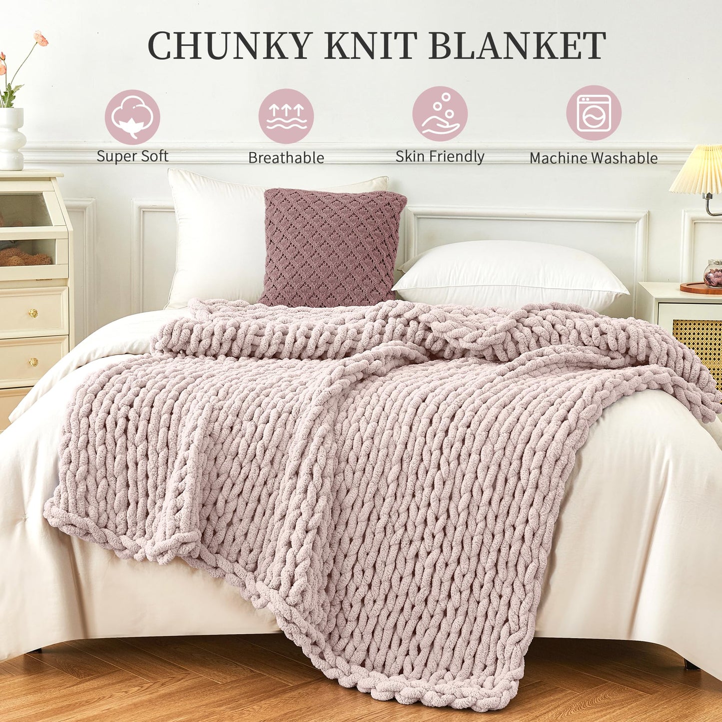 Chunky Knit Blanket Throw, 100% Hand Knit Chenille Throw Blanket for Sofa & Home Decor, Soft and Cozy Knitted Throw Blankets