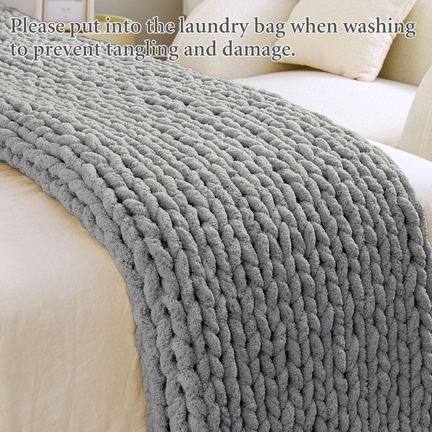 Chunky Knit Blanket Throw, 100% Hand Knit Chenille Throw Blanket for Sofa & Home Decor, Soft and Cozy Knitted Throw Blankets