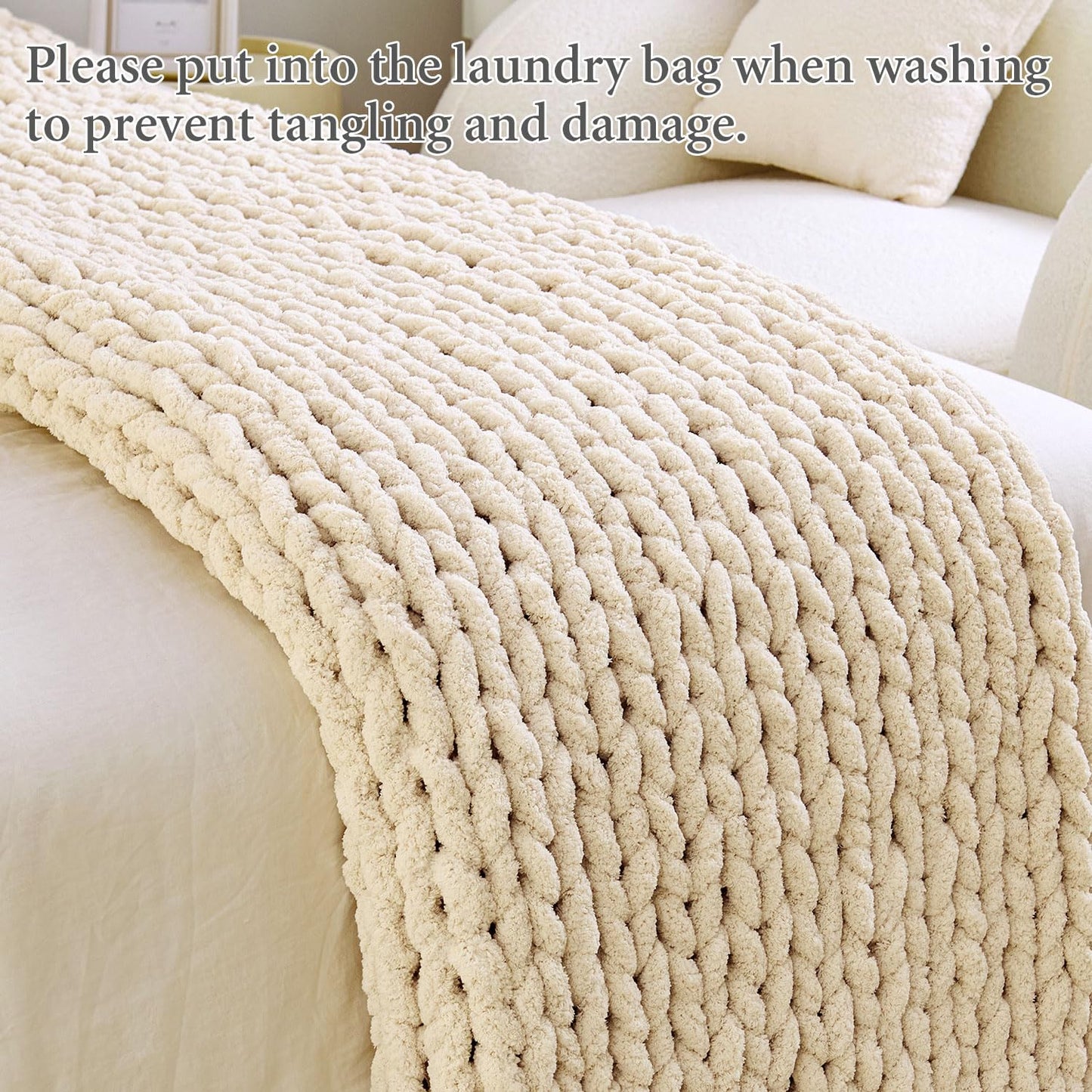 Chunky Knit Blanket Throw, 100% Hand Knit Chenille Throw Blanket for Sofa & Home Decor, Soft and Cozy Knitted Throw Blankets