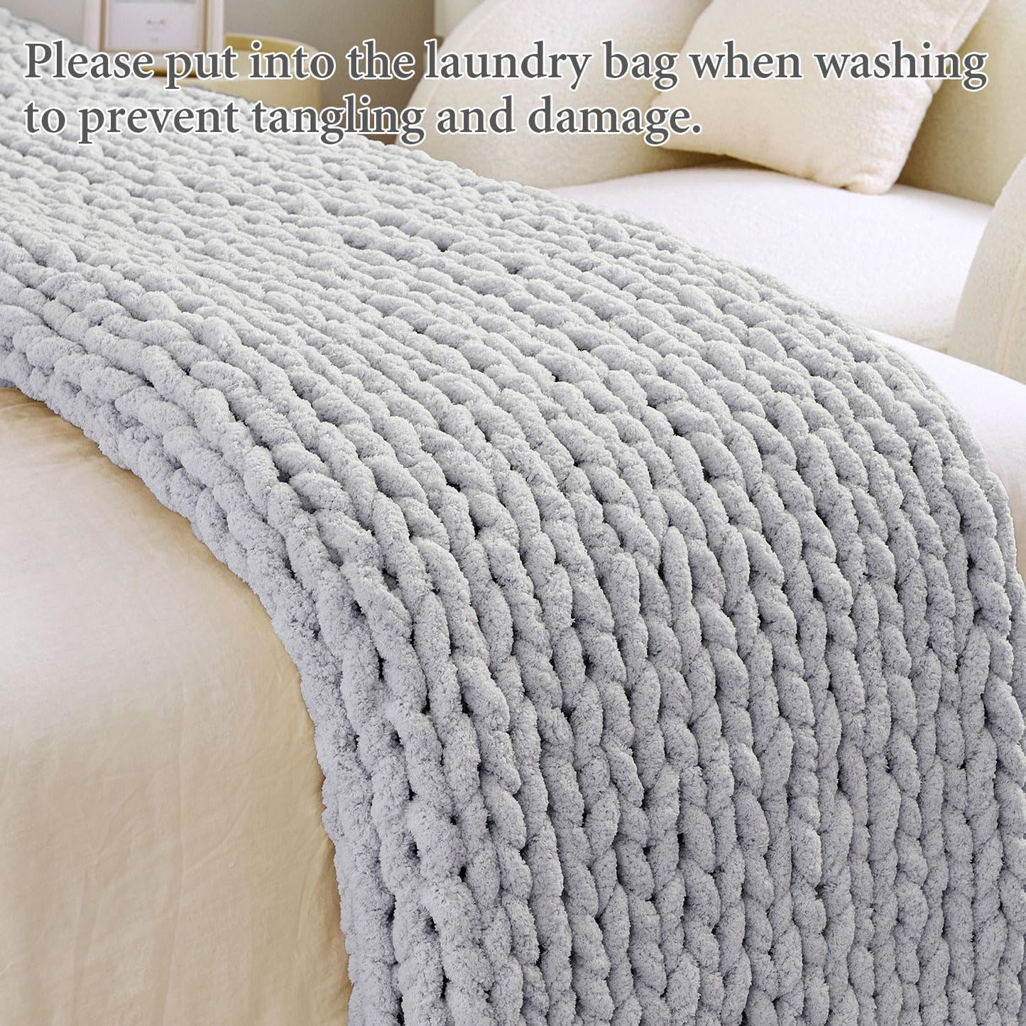 Chunky Knit Blanket Throw, 100% Hand Knit Chenille Throw Blanket for Sofa & Home Decor, Soft and Cozy Knitted Throw Blankets