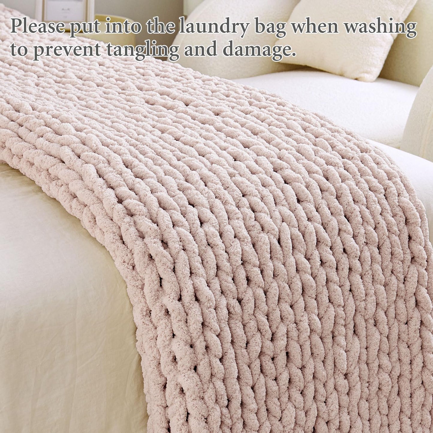 Chunky Knit Blanket Throw, 100% Hand Knit Chenille Throw Blanket for Sofa & Home Decor, Soft and Cozy Knitted Throw Blankets
