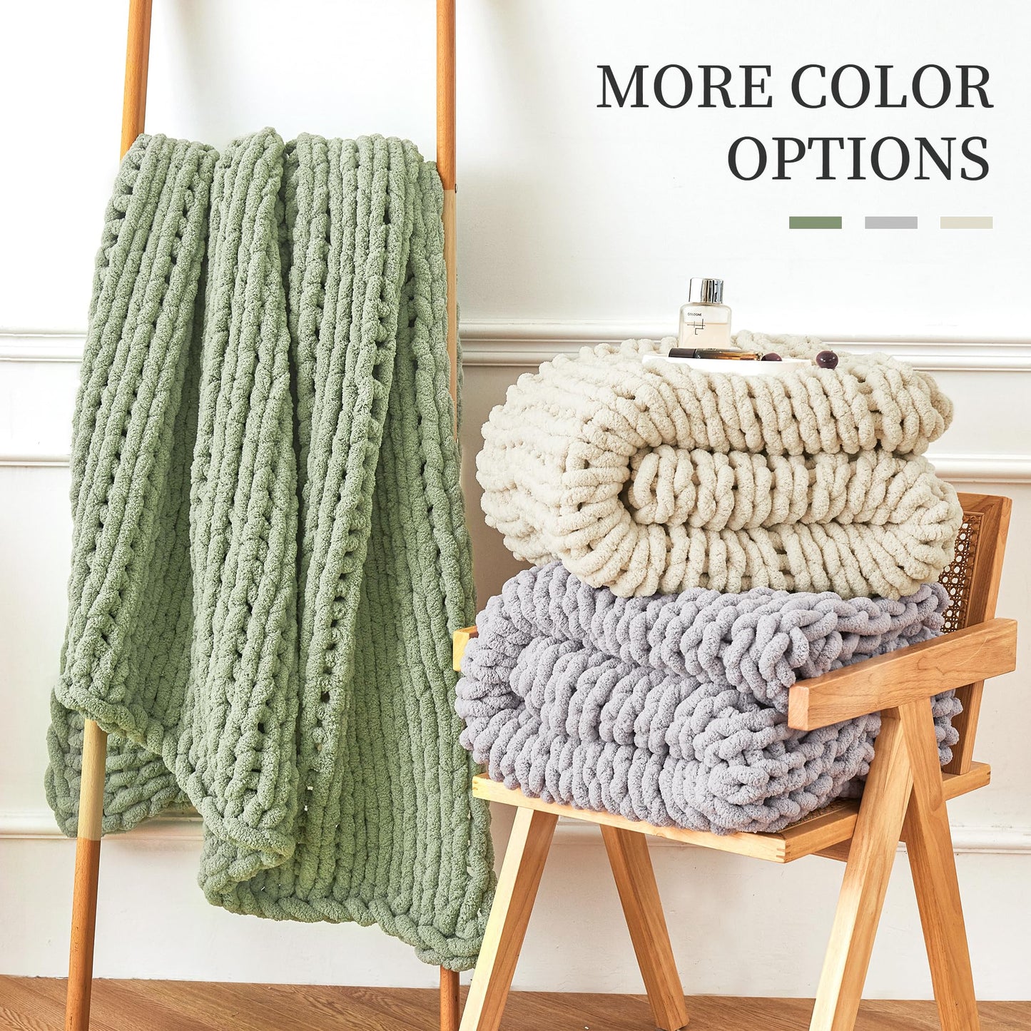 Chunky Knit Blanket Throw, 100% Hand Knit Chenille Throw Blanket for Sofa & Home Decor, Soft and Cozy Knitted Throw Blankets
