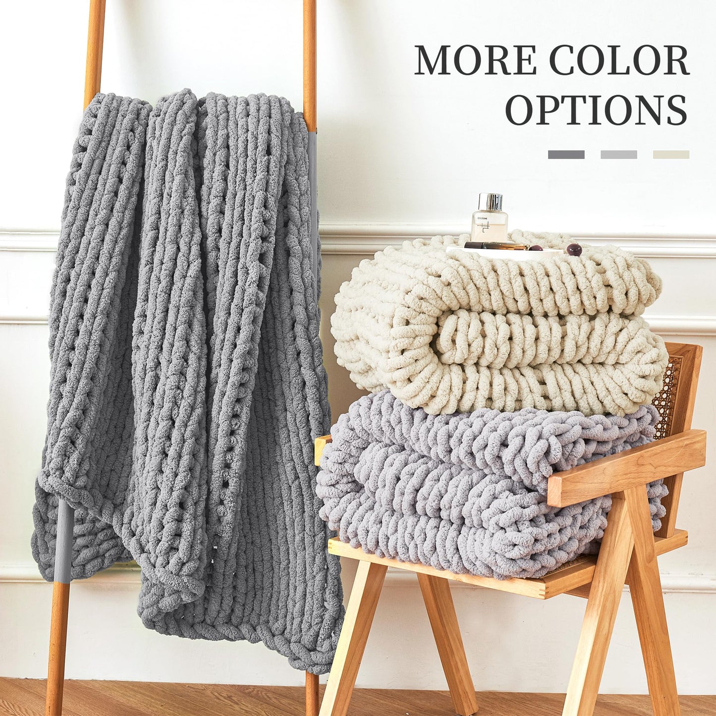 Chunky Knit Blanket Throw, 100% Hand Knit Chenille Throw Blanket for Sofa & Home Decor, Soft and Cozy Knitted Throw Blankets