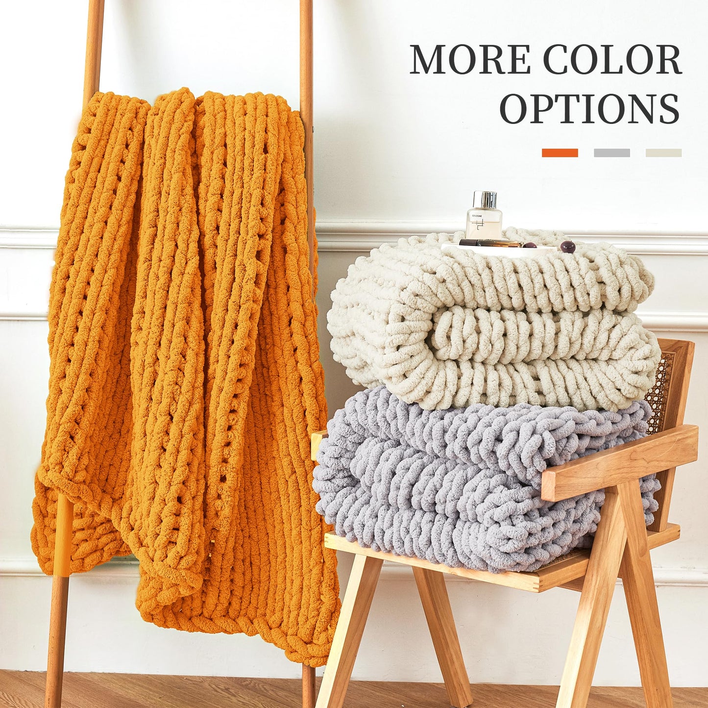Chunky Knit Blanket Throw, 100% Hand Knit Chenille Throw Blanket for Sofa & Home Decor, Soft and Cozy Knitted Throw Blankets