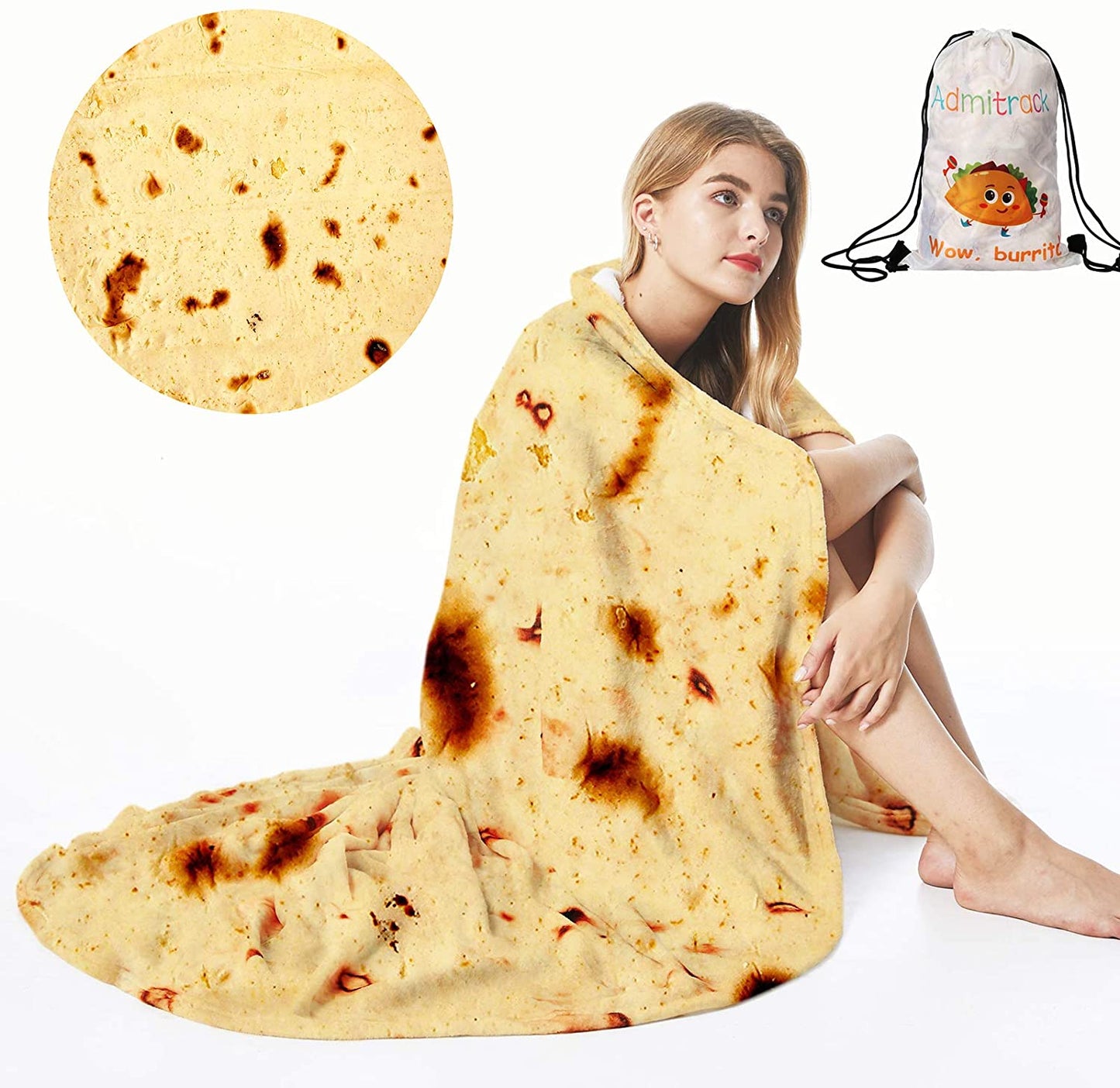 Admitrack Burrito Tortilla Blanket, Flannel Burritos Wrap Blanket, Giant Flour Tortilla Throw Blanket, Funny Food Throw Blanket, Novelty Burritos Throw Blanket Adults Size&Kids Size&Baby Size