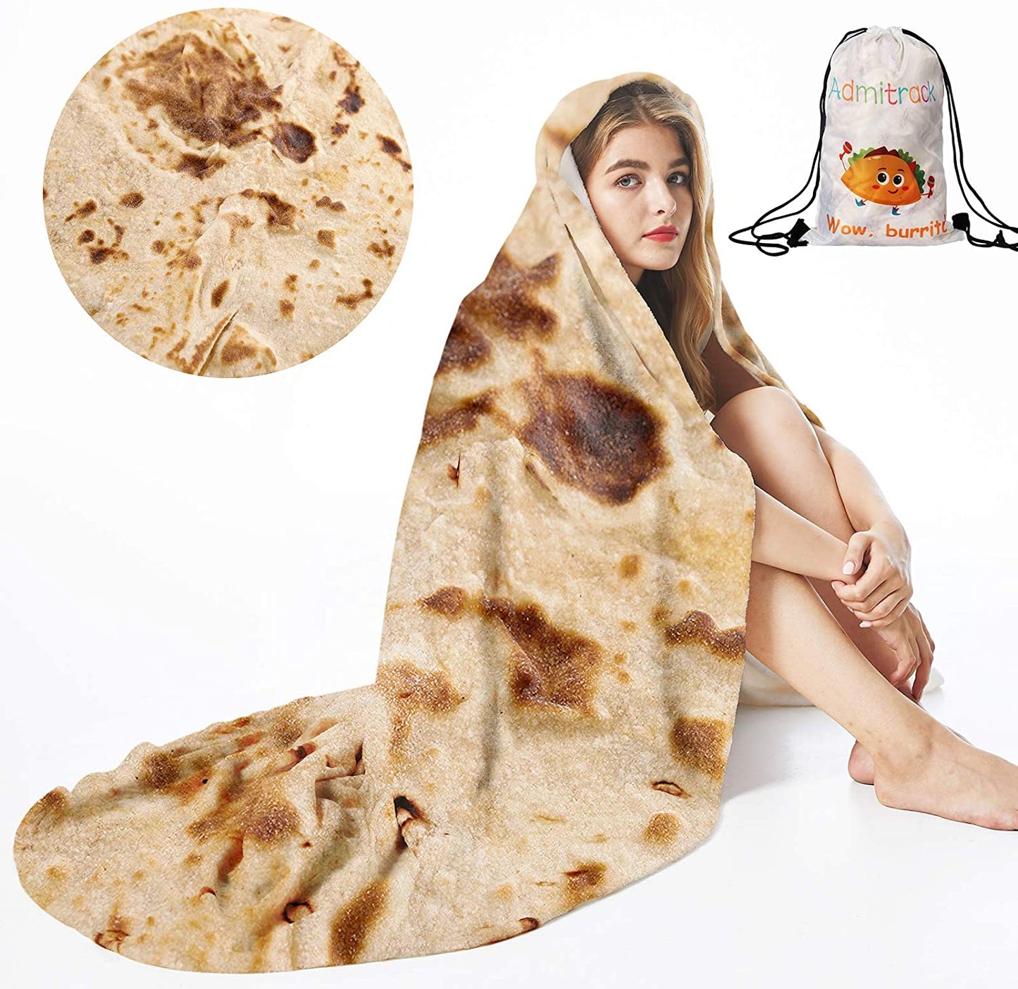 Admitrack Burrito Tortilla Blanket, Flannel Burritos Wrap Blanket, Giant Flour Tortilla Throw Blanket, Funny Food Throw Blanket, Novelty Burritos Throw Blanket Adults Size&Kids Size&Baby Size