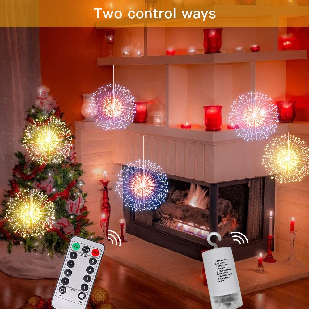200 LED Dandelion Fairy String Lights, 8 Modes Dimmable String Fairy Lights with Remote Control, Waterproof Copper Wire Decorative Hanging Starburst Lights for Patio Party Christmas Decoration