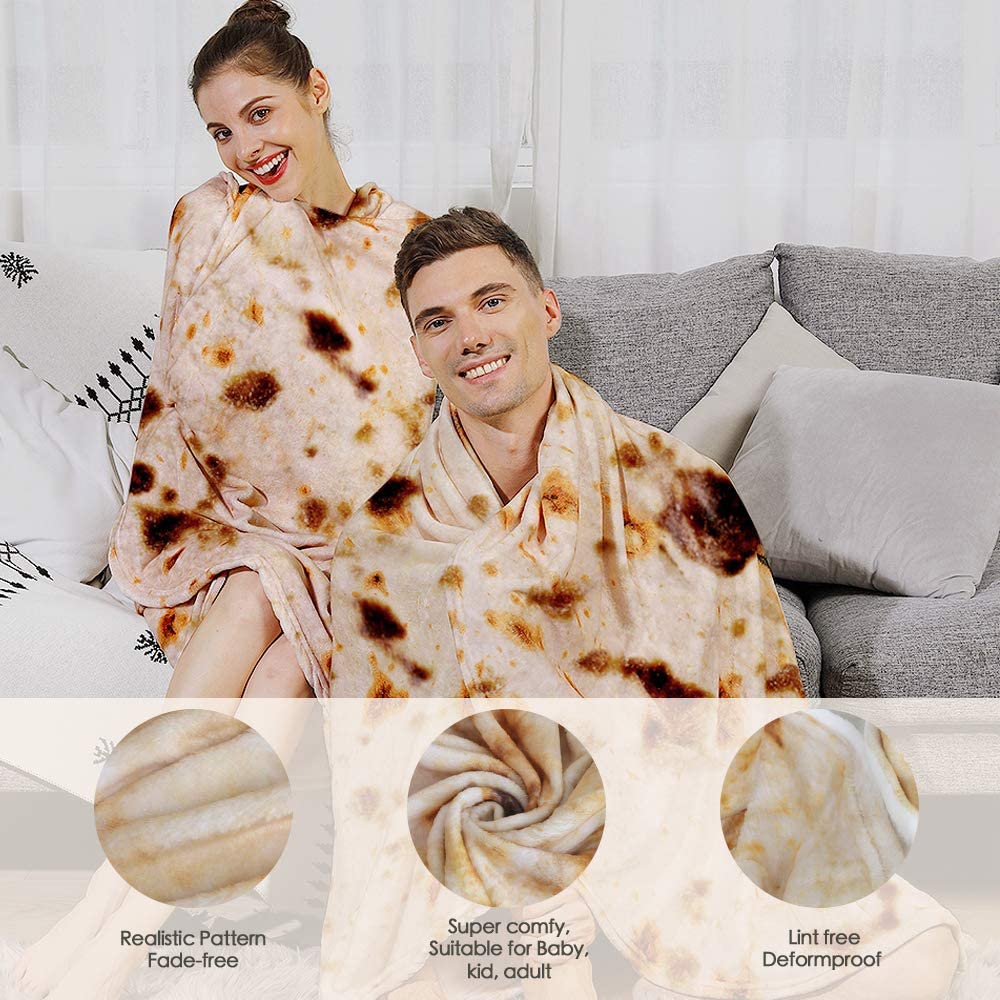 Admitrack Burrito Tortilla Blanket, Flannel Burritos Wrap Blanket, Giant Flour Tortilla Throw Blanket, Funny Food Throw Blanket, Novelty Burritos Throw Blanket Adults Size&Kids Size&Baby Size