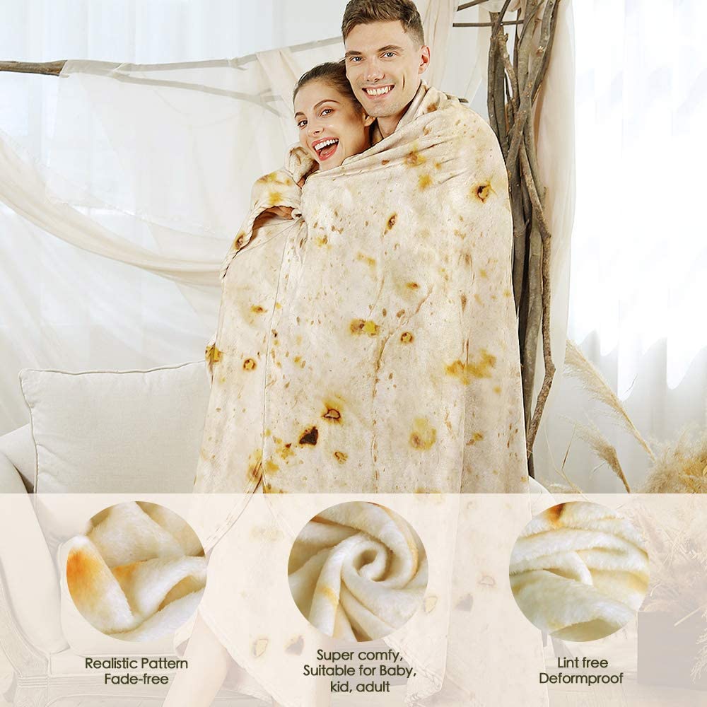 Admitrack Burrito Tortilla Blanket, Flannel Burritos Wrap Blanket, Giant Flour Tortilla Throw Blanket, Funny Food Throw Blanket, Novelty Burritos Throw Blanket Adults Size&Kids Size&Baby Size