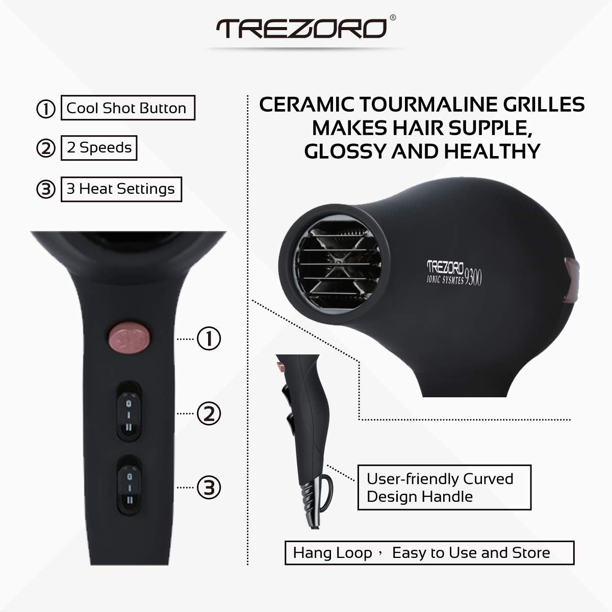Professional Ionic Salon Hair Dryer, Powerful 2200 watt Ceramic Tourmaline Blow Dryer, Pro Ion quiet Hairdryer with 2 Concentrator Nozzle Attachments - Best Soft Touch Body/Black& Rose Gold