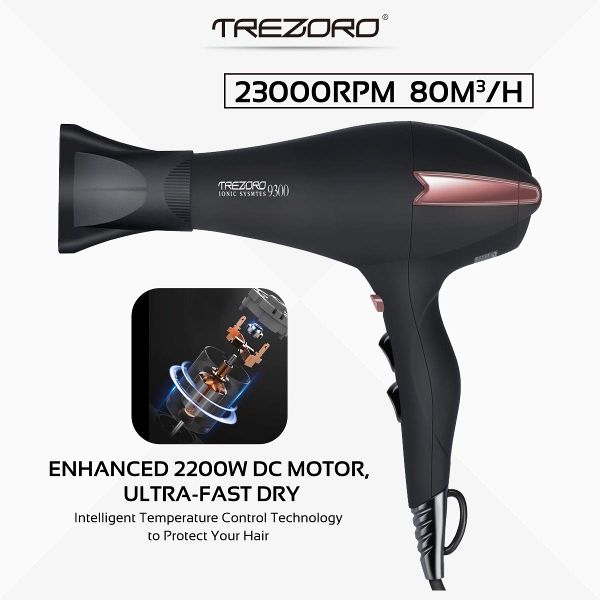 Professional Ionic Salon Hair Dryer, Powerful 2200 watt Ceramic Tourmaline Blow Dryer, Pro Ion quiet Hairdryer with 2 Concentrator Nozzle Attachments - Best Soft Touch Body/Black& Rose Gold