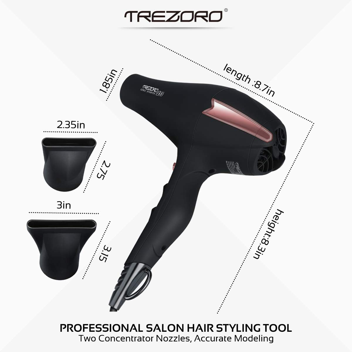 Professional Ionic Salon Hair Dryer, Powerful 2200 watt Ceramic Tourmaline Blow Dryer, Pro Ion quiet Hairdryer with 2 Concentrator Nozzle Attachments - Best Soft Touch Body/Black& Rose Gold