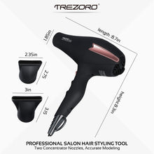 Load image into Gallery viewer, Professional Ionic Salon Hair Dryer, Powerful 2200 watt Ceramic Tourmaline Blow Dryer, Pro Ion quiet Hairdryer with 2 Concentrator Nozzle Attachments - Best Soft Touch Body/Black&amp; Rose Gold
