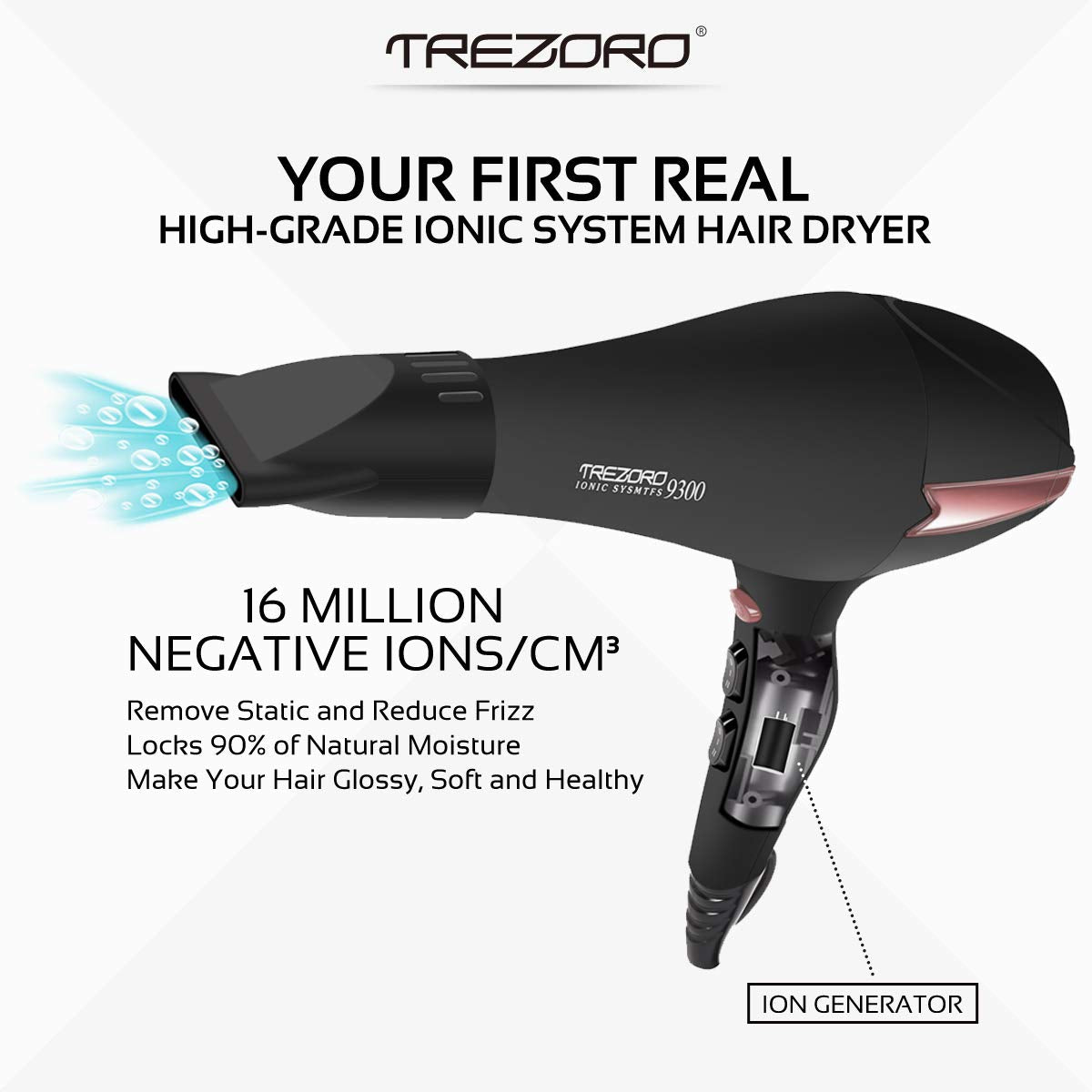 Professional Ionic Salon Hair Dryer, Powerful 2200 watt Ceramic Tourmaline Blow Dryer, Pro Ion quiet Hairdryer with 2 Concentrator Nozzle Attachments - Best Soft Touch Body/Black& Rose Gold