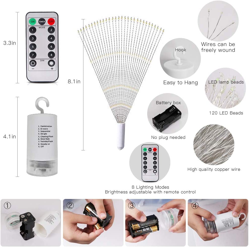Fairy Firework String Lights,120 LED 8 Modes Dimmable String Fairy Lights with Remote Control,Waterproof Copper Wire Decorative Hanging Starburst Lights for Christmas Decoration