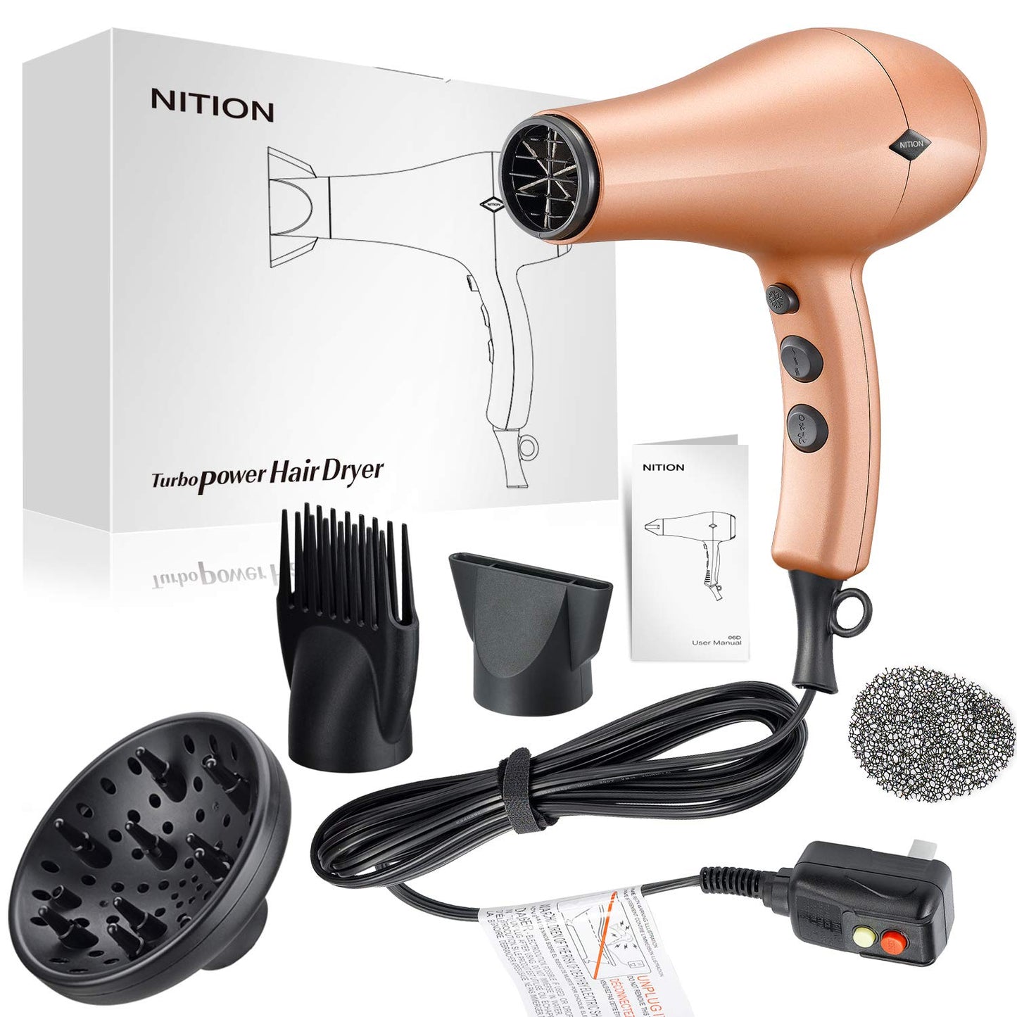 Negative Ions Ceramic Hair Dryer with Diffuser Attachment Ionic Blow Dryer Quick Drying,1875 Watt 2 Speed / 3 Heat Settings,Cool Shot Button,Lightweight,Champagne Gold