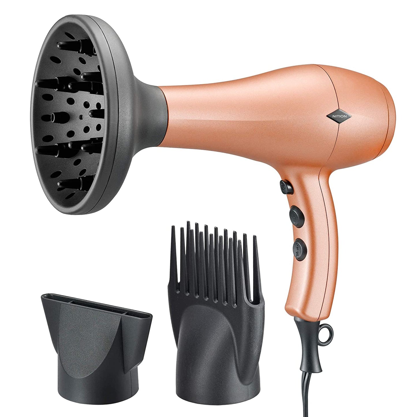Negative Ions Ceramic Hair Dryer with Diffuser Attachment Ionic Blow Dryer Quick Drying,1875 Watt 2 Speed / 3 Heat Settings,Cool Shot Button,Lightweight,Champagne Gold