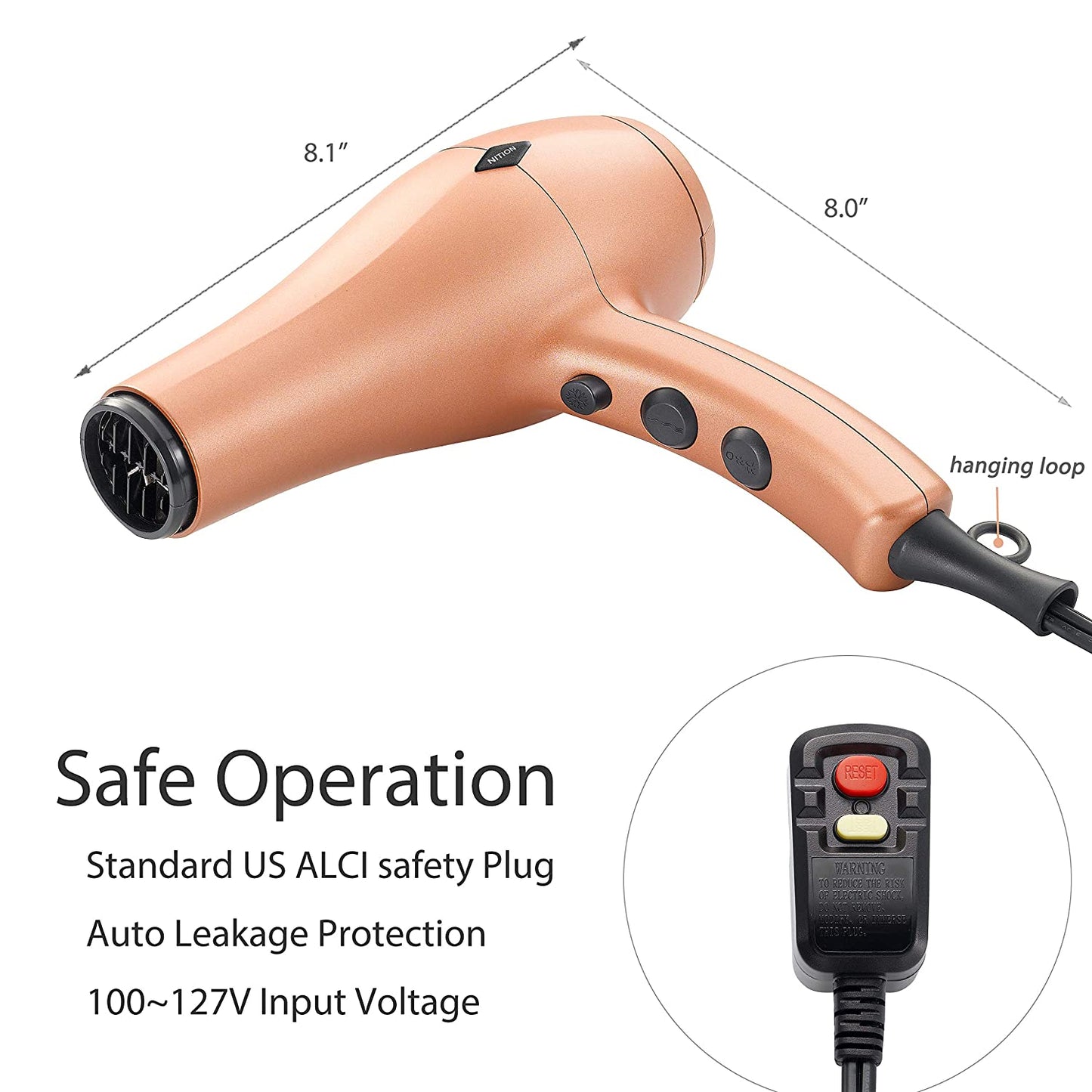 Negative Ions Ceramic Hair Dryer with Diffuser Attachment Ionic Blow Dryer Quick Drying,1875 Watt 2 Speed / 3 Heat Settings,Cool Shot Button,Lightweight,Champagne Gold