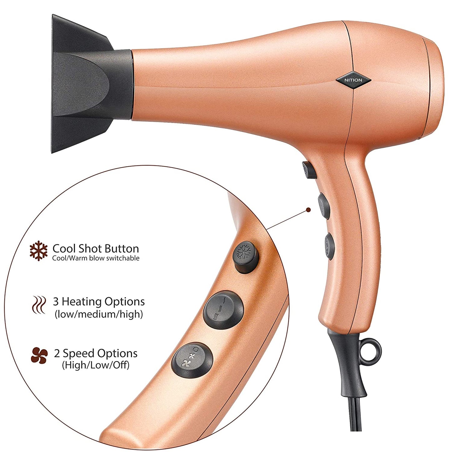 Negative Ions Ceramic Hair Dryer with Diffuser Attachment Ionic Blow Dryer Quick Drying,1875 Watt 2 Speed / 3 Heat Settings,Cool Shot Button,Lightweight,Champagne Gold