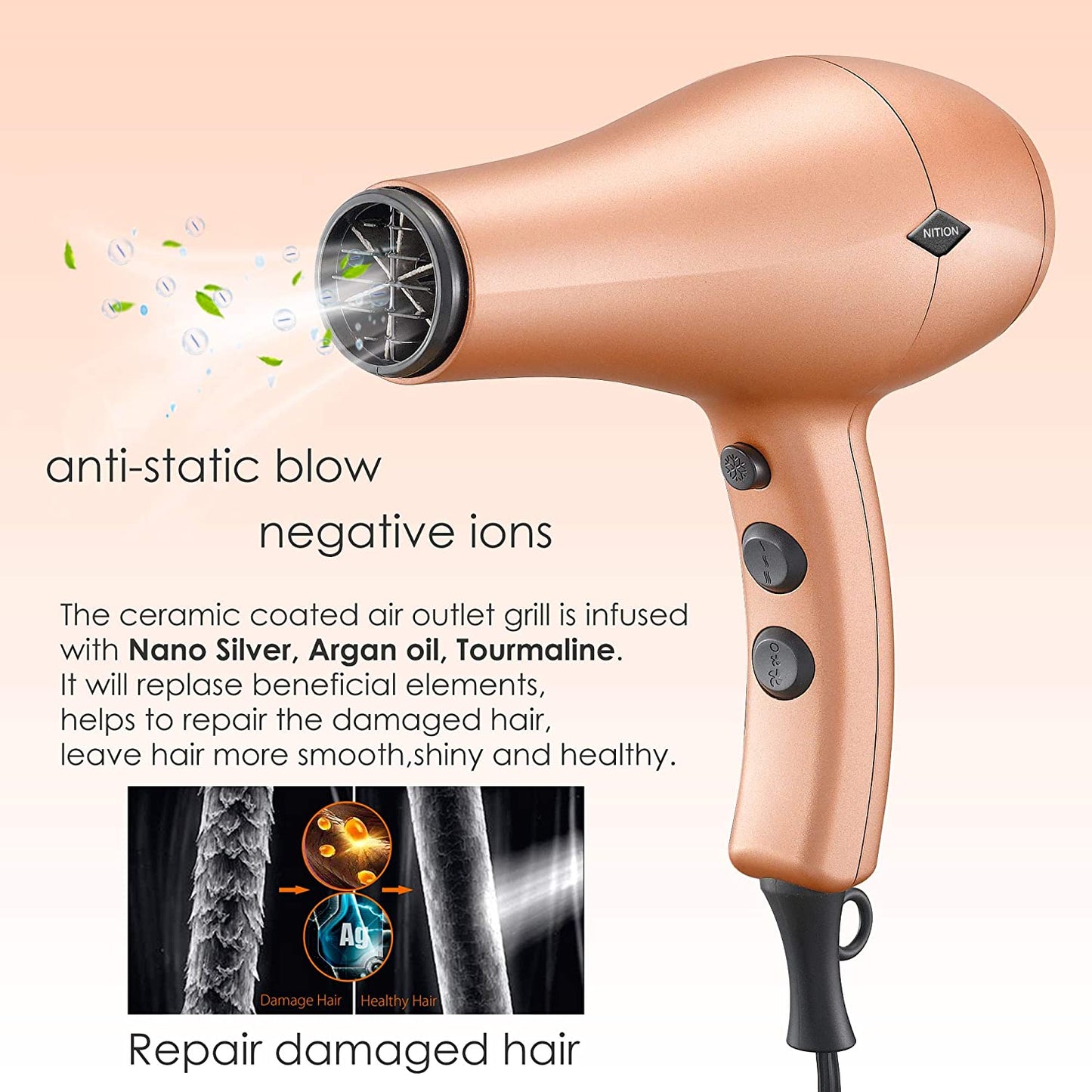 Negative Ions Ceramic Hair Dryer with Diffuser Attachment Ionic Blow Dryer Quick Drying,1875 Watt 2 Speed / 3 Heat Settings,Cool Shot Button,Lightweight,Champagne Gold