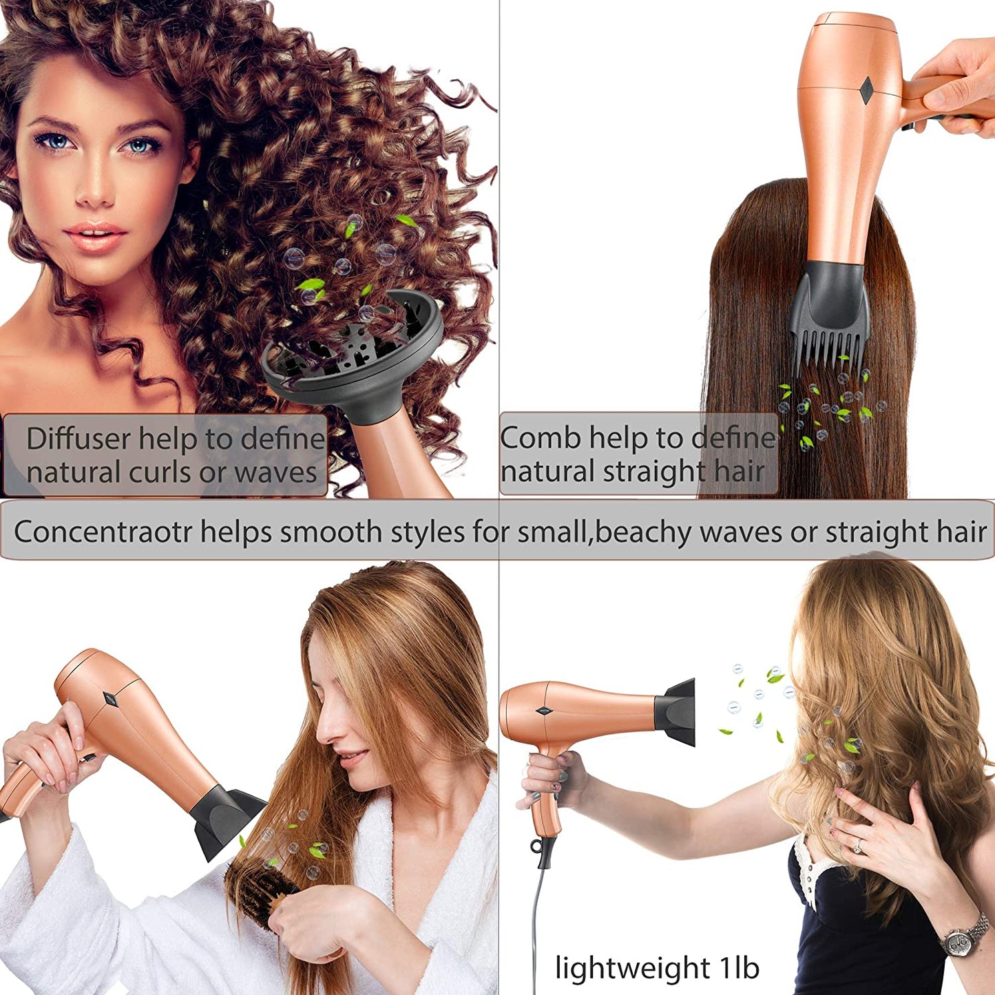 Negative Ions Ceramic Hair Dryer with Diffuser Attachment Ionic Blow Dryer Quick Drying,1875 Watt 2 Speed / 3 Heat Settings,Cool Shot Button,Lightweight,Champagne Gold