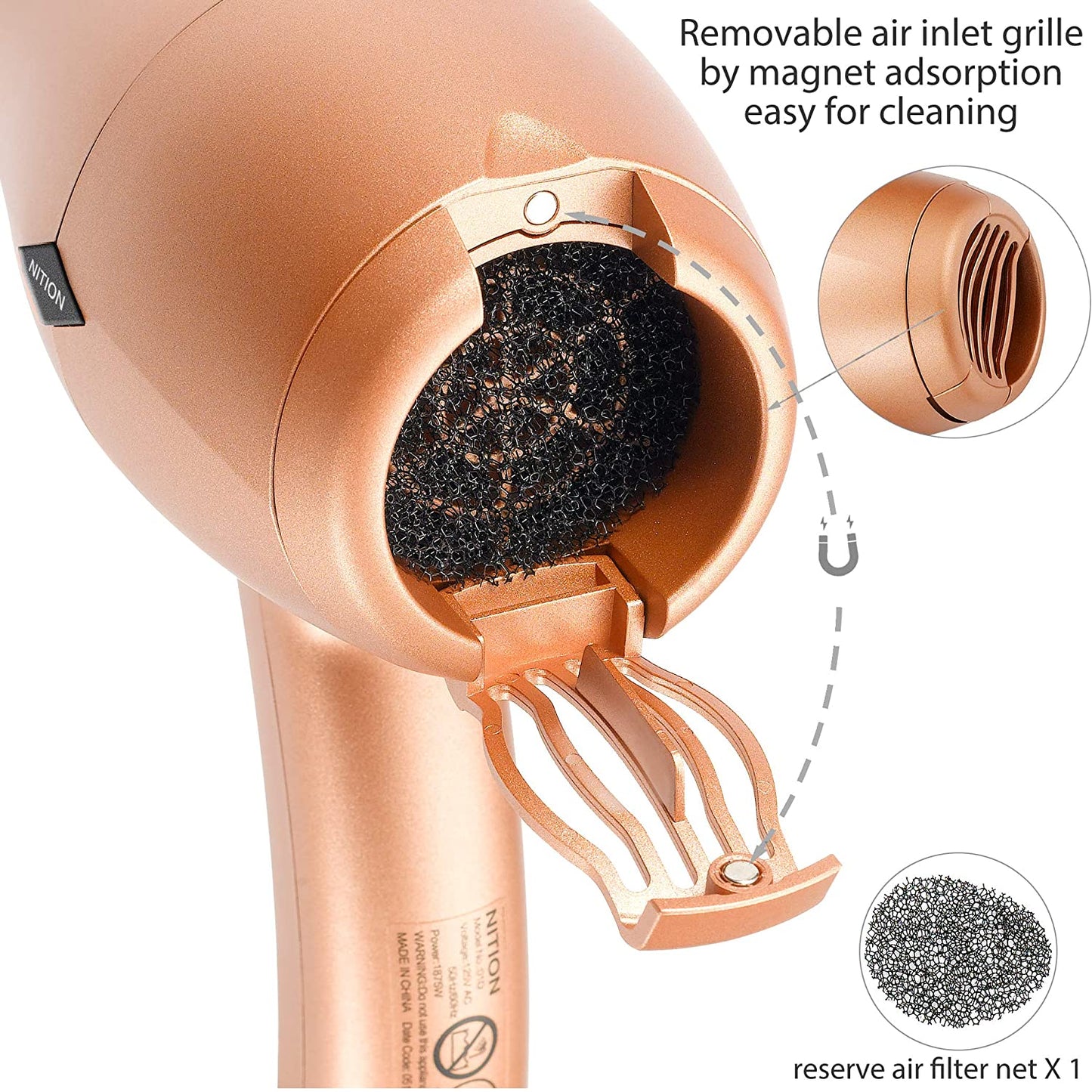 Negative Ions Ceramic Hair Dryer with Diffuser Attachment Ionic Blow Dryer Quick Drying,1875 Watt 2 Speed / 3 Heat Settings,Cool Shot Button,Lightweight,Champagne Gold